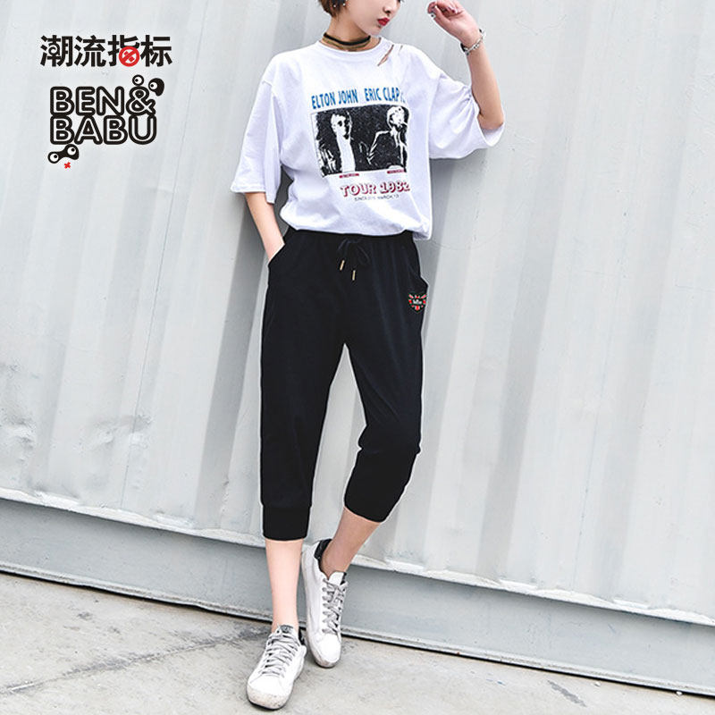 潮流指标运动裤宽松米字心形章束脚针织七分裤韩版个性男女同款