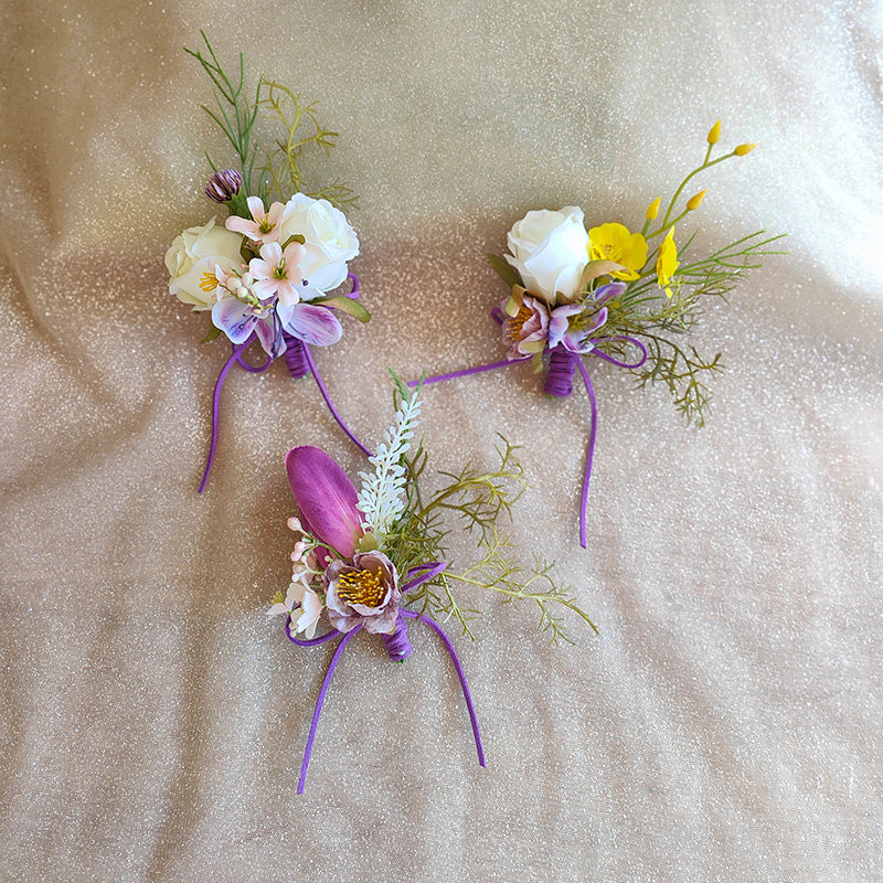 森系户外婚礼胸花仿真白紫色玫瑰郁金香花新郎新娘结婚襟花手腕花