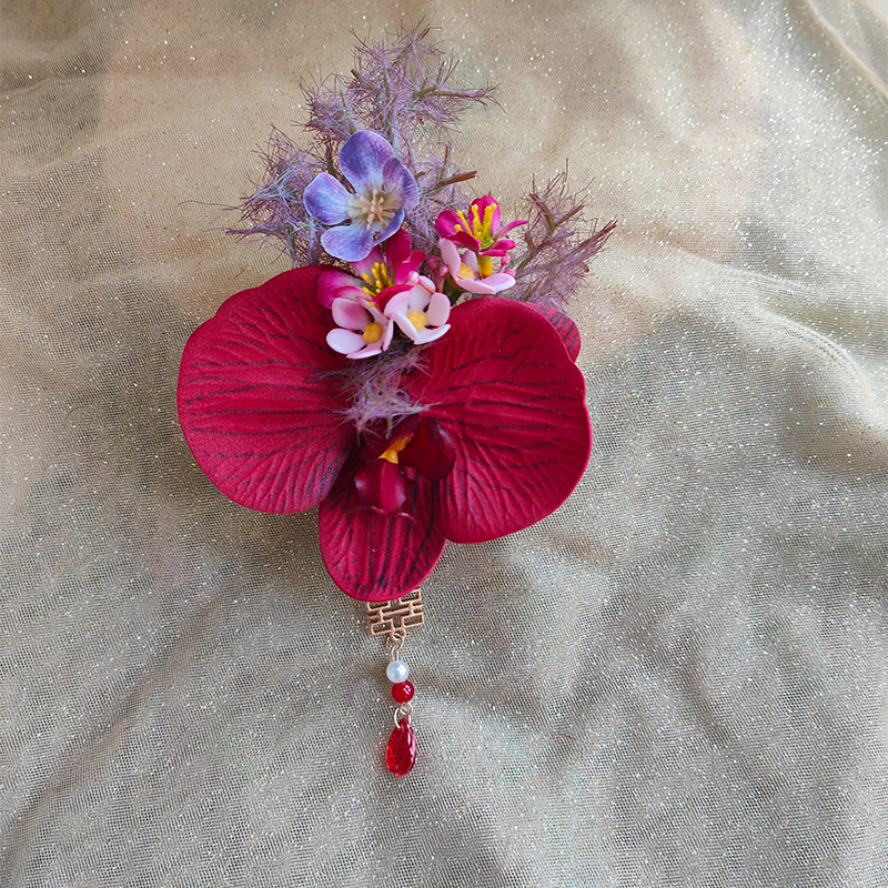 国风高级感复古酒红蝴蝶兰婚礼胸花新郎新娘手腕花父母亲嘉宾襟花