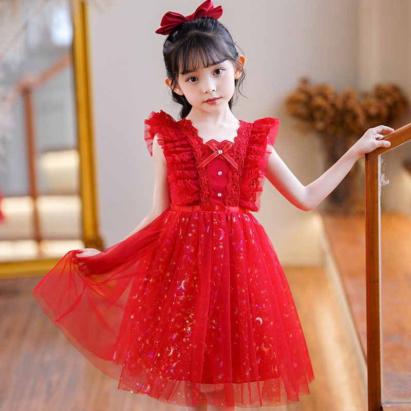 女童夏季白色蓬蓬连衣裙2024夏装红色礼服公主裙六一儿童舞蹈裙子