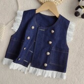短款 坎肩外穿花边飞袖 外搭洋气春秋休闲马夹 薄款 女童牛仔马甲夏装