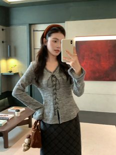 taotaofamily秋冬新款温柔风毛毛边V领绑带针织衫女长袖加绒上衣