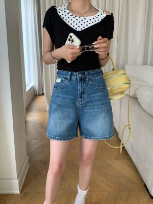 ACE夏季2026新款笑脸皮标休闲高腰显瘦三分裤不贴腿牛仔短裤3151