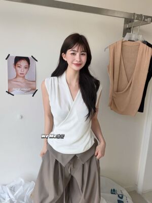 weme夏季2026新款温柔松弛感V领针织背心女交叉收腰设计无袖上衣