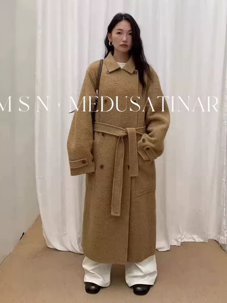 MSN秋冬2025新款韩版双排扣苏力羊毛双面大衣女高级感系带外套626
