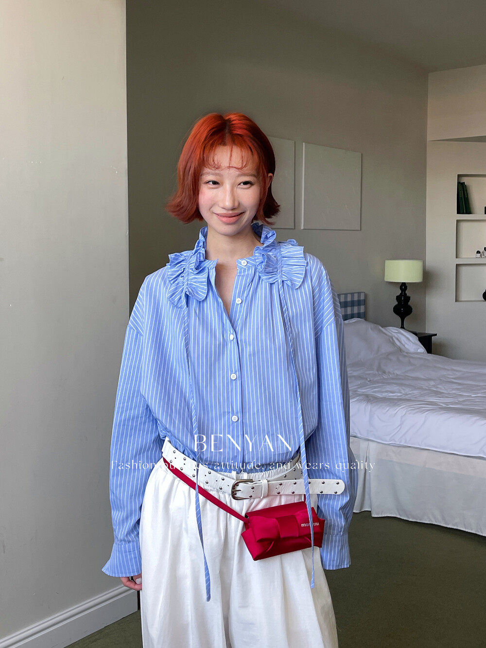 benyan本言复古系带花边领上衣女春季2026新款蓝色条纹长袖衬衫,女装/女士精品,衬衫,淘宝优惠券,粉丝福利购,淘宝优惠卷