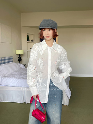 benyan本言春季2026新款设计感翻领镂空刺绣露背系带蝴蝶结衬衫女