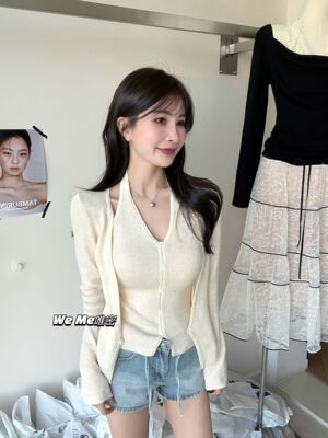 weme挂脖拼接假两件长袖针织衫女春季设计感气质修身显瘦温柔上衣