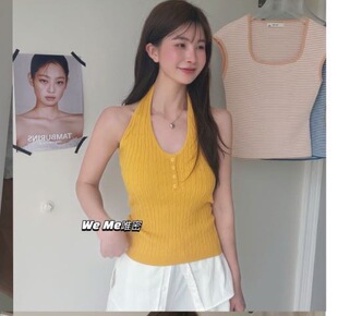 weme夏季2026新款纯欲风V领挂脖麻花无袖上衣女减龄显瘦背心针织