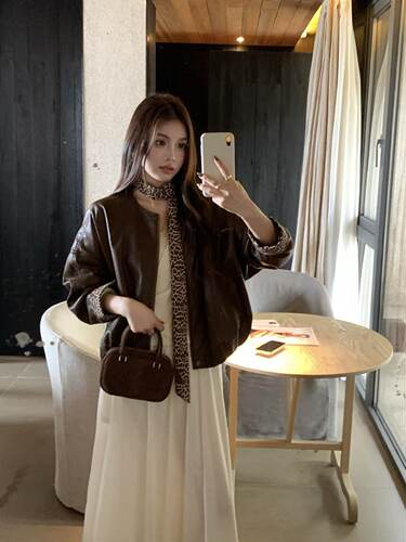 taotaofamily复古飘带皮衣外套女早秋2026新款宽松显瘦机车服上衣