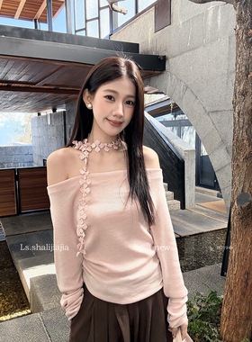 LS法式气质立体花朵飘带一字肩针织衫女春季2026新款设计露肩上衣