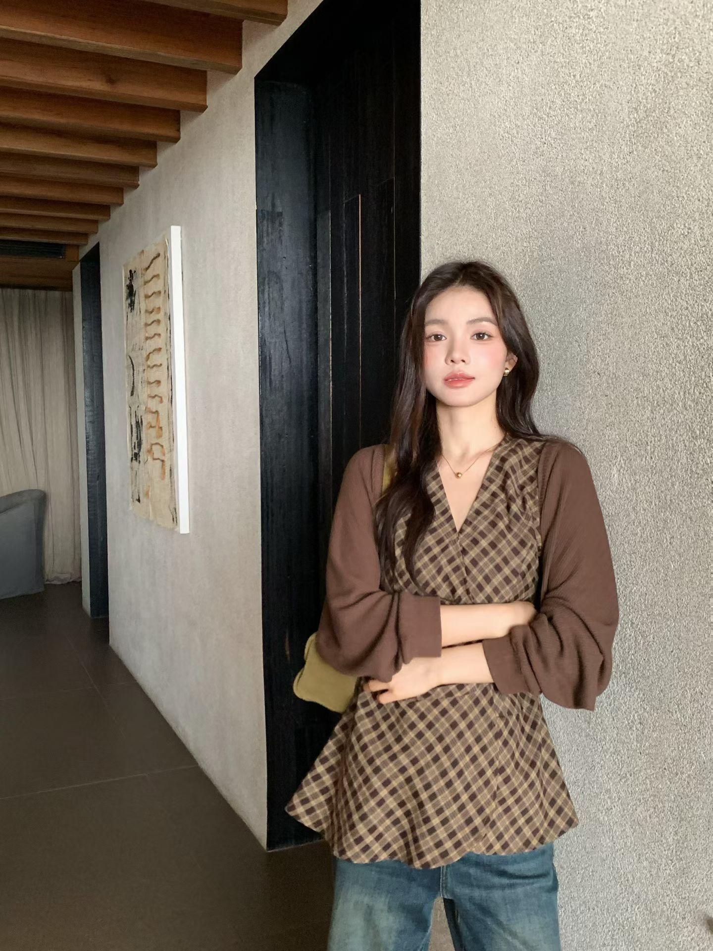 taotaofamily秋季2026新款复古格纹V领无袖背心长袖开衫女两件套