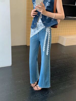 ACE蕾丝屁帘微喇叭裤女夏季2026新款复古高腰显瘦弹力牛仔裤3136
