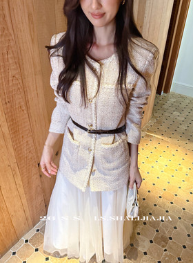 LS春季2026新款小香风圆领编织粗花呢亮片外套女高级感单排扣上衣