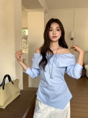 taotaofamily法式一字肩荷叶边长袖衬衫女春季2026新款设计感上衣