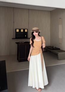 taotaofamily夏季2026新款温柔风撞色绑带假两件收腰显瘦连衣裙女