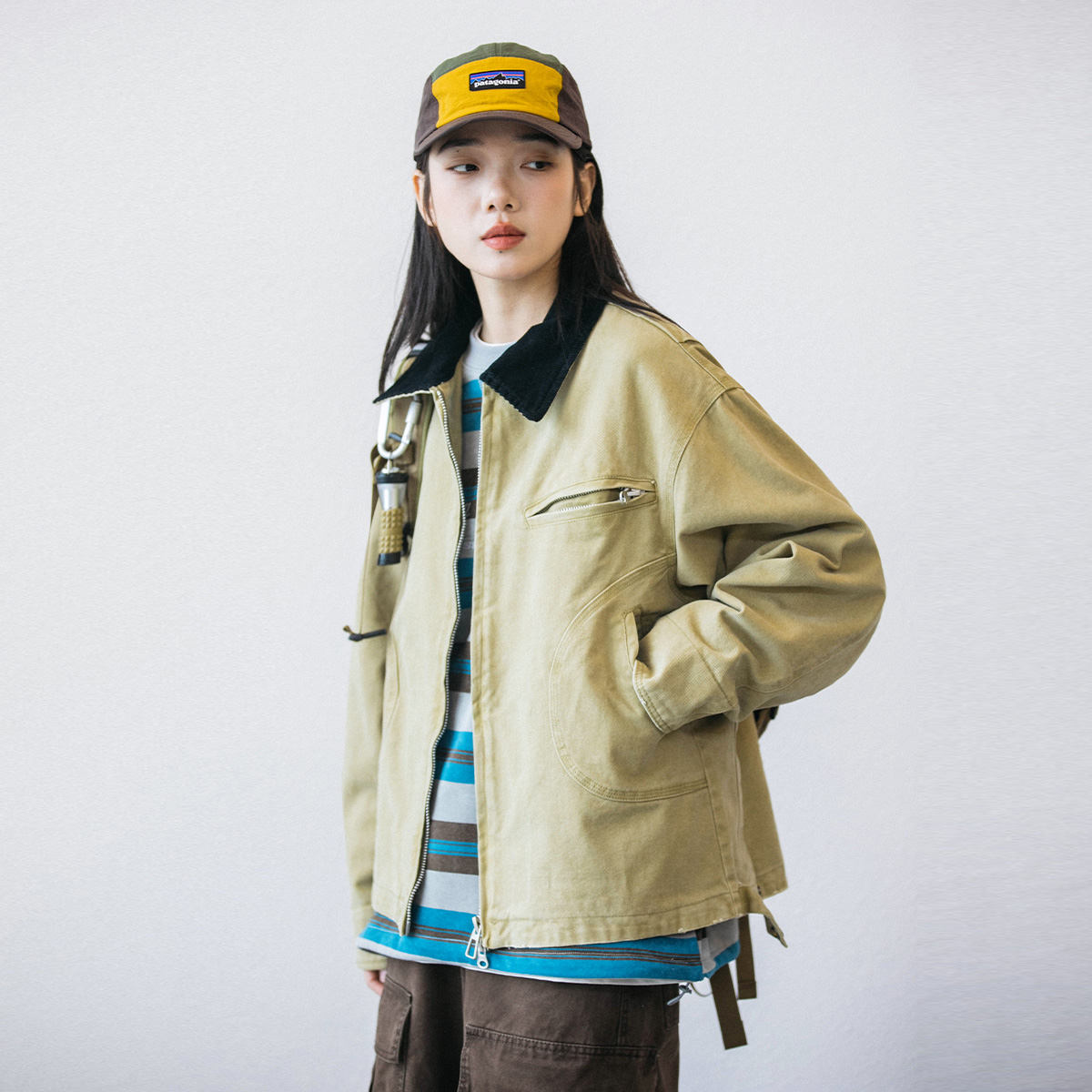 Epicsocotra美式拉链口袋翻领底特律夹克男女宽松休闲上衣外套
