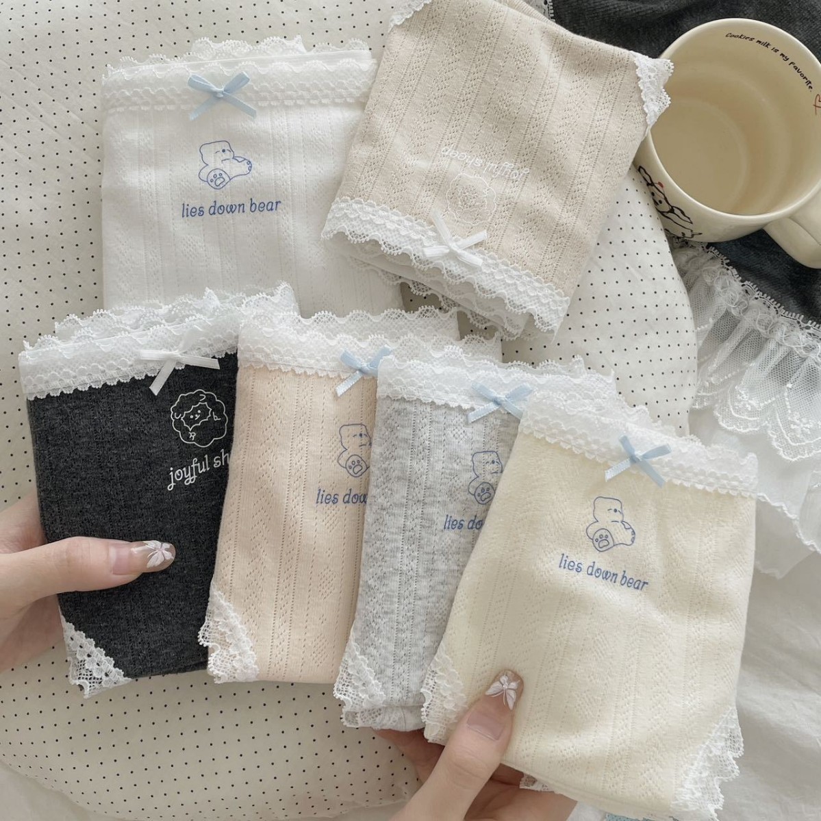 小熊蕾丝边少女可爱无痕夏季透气少女纯棉内裤女中腰三角裤头短裤