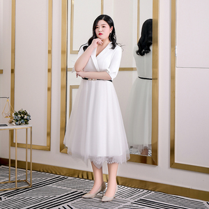 大码白色礼服裙子平时可穿胖mm200斤显瘦伴娘简约气质仙气女法式V