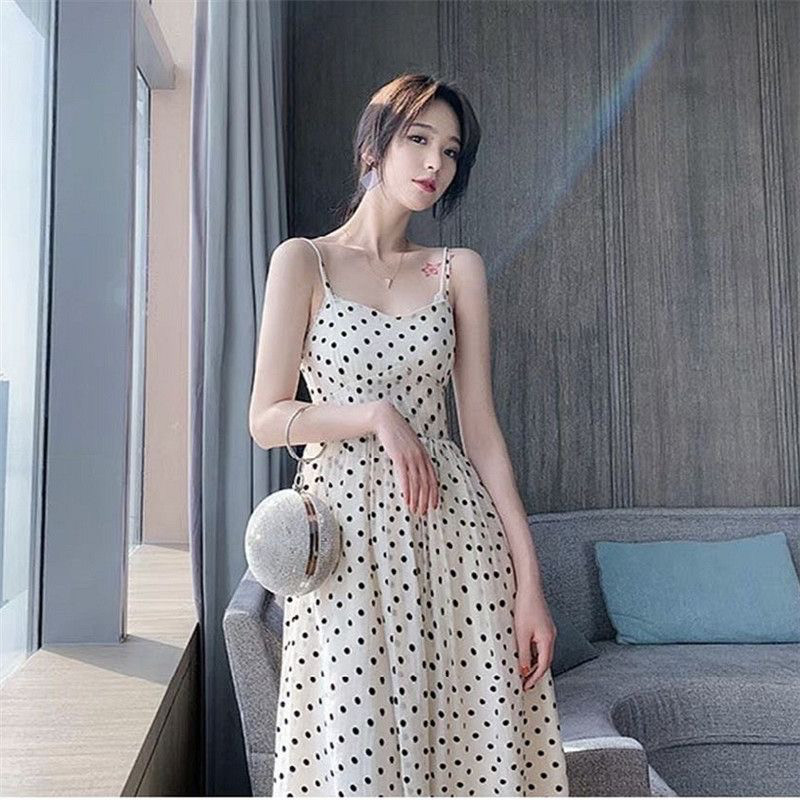 吊带连衣裙女2024夏波点雪纺法式名媛收腰小个子短裙仙女蛋糕长裙
