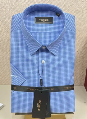 雅戈尔DP免烫短袖男商务格子衬衫蓝色标准夏季新款VSDP170019IJA