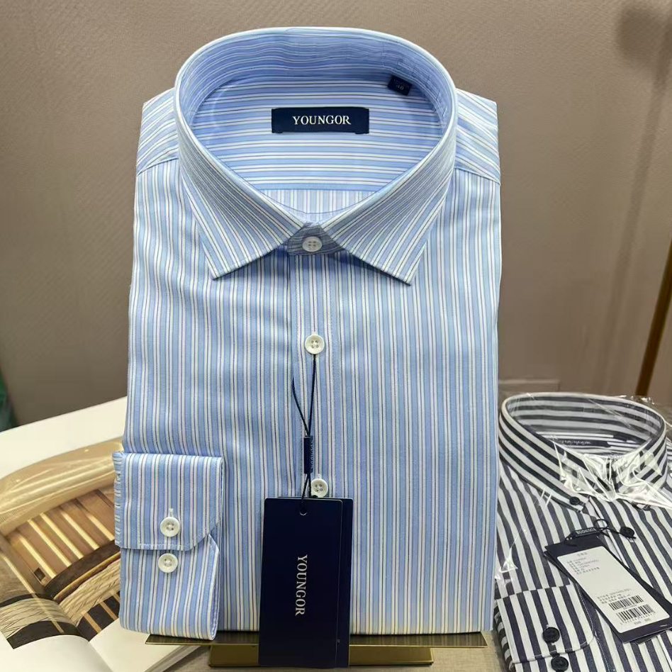 雅戈尔男士长袖衬衫棉氨纶商务休闲浅蓝色条纹修身免烫衬衣8-17