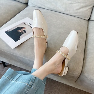 法式方头浅口中跟包头拖鞋一脚蹬穆勒鞋粗跟包头半拖鞋女
