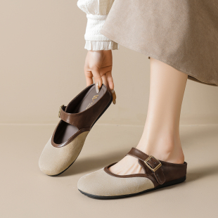 包头半拖凉鞋 女外穿平底一脚蹬懒人鞋 女 复古拼色内增高勃肯鞋 法式