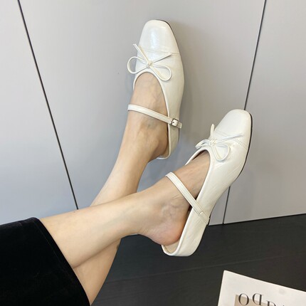 法式甜美蝴蝶结玛丽珍鞋女内增高一字带香槟色包头半拖鞋穆勒鞋女