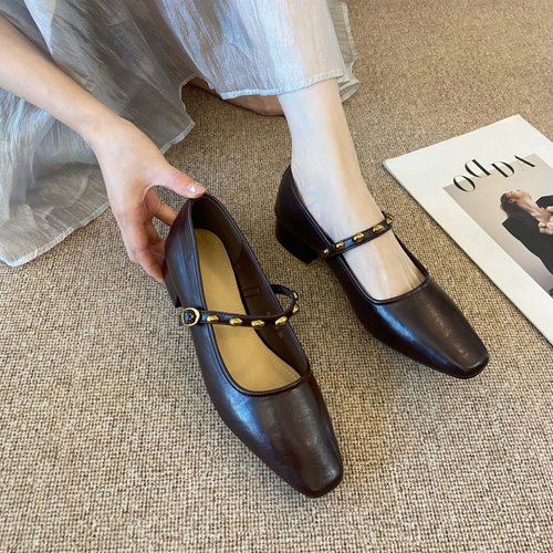 法式香槟色玛丽珍单鞋女棕色单鞋