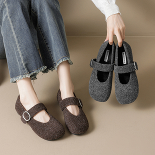 女 平底一字带毛绒玛丽珍鞋 百搭加绒保暖单鞋 女毛呢绒面毛毛鞋