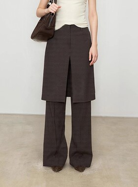 欧洲不易皱精纺羊毛 时髦博主层次感假两件开叉微喇裙裤女秋新款