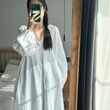 100%亚麻长裙2025春季新款文艺复古深V领大袖气质白色连衣裙