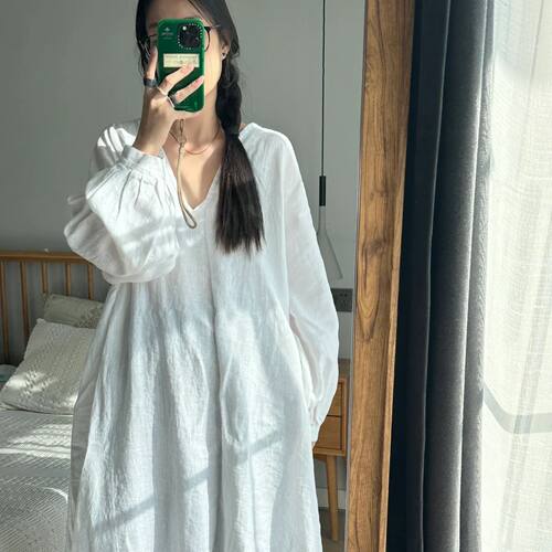 亚麻裙深V领大袖气质白色连衣裙
