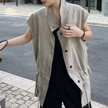 FIVE女装2026春季新款立领单排扣毛边双层下摆抽绳马甲背心上衣