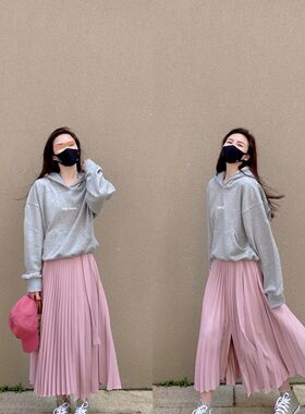 米可STUDIO 春季新款粉色半身裙女韩版潮流气质高腰休闲a型百褶裙