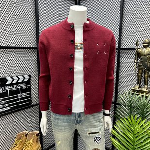 美式安哥拉红针织开衫外套男士春秋季高级感潮牌休闲圆领毛衣夹克