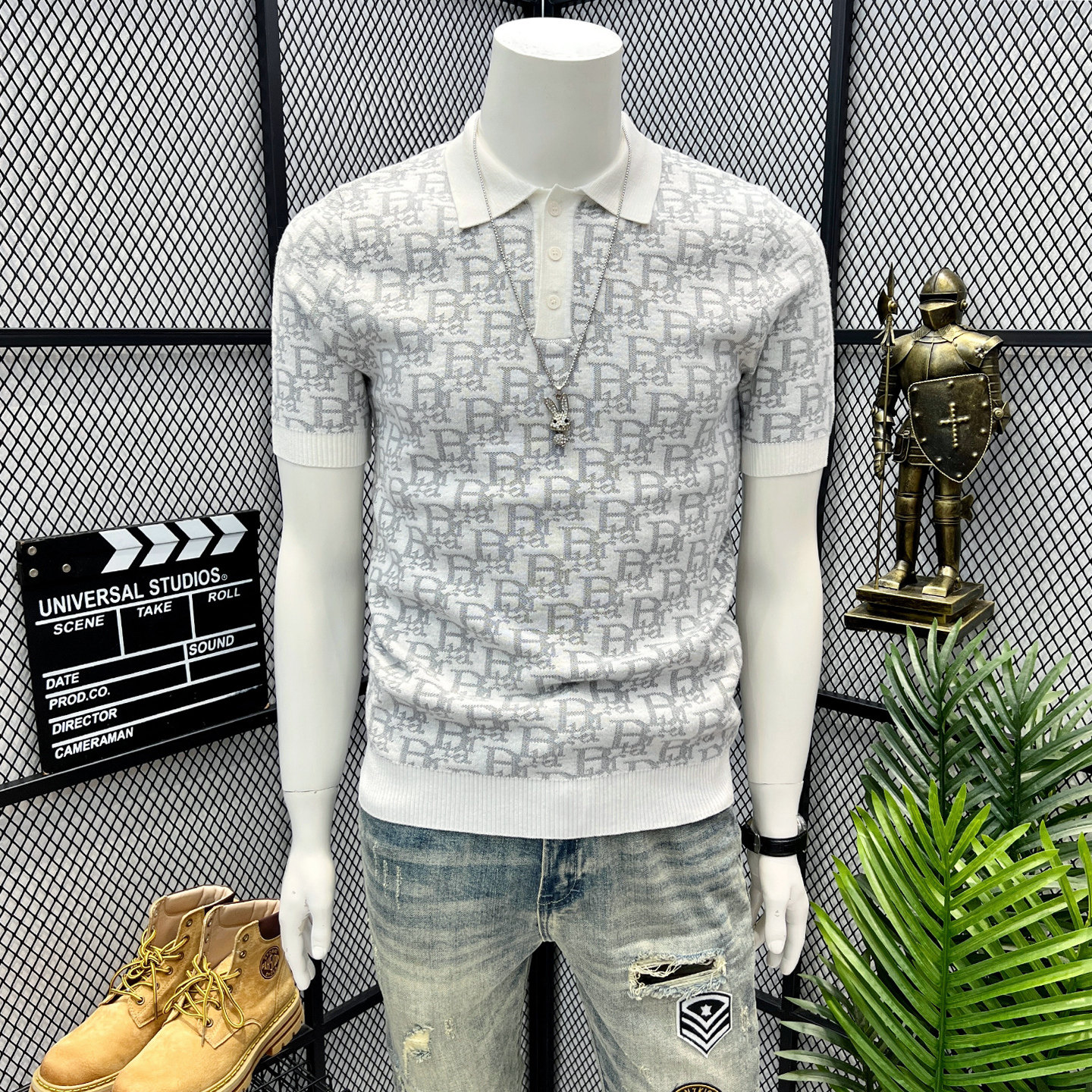 老钱风夏季针织提花polo衫男士翻领短袖大码修身商务毛衣半袖上衣