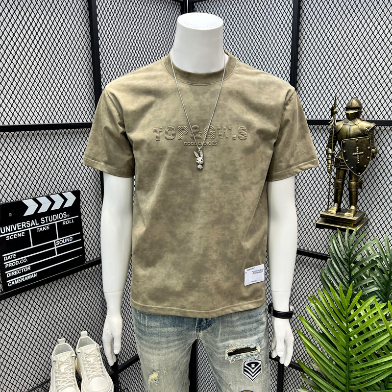 2026夏季潮牌钢印字母圆领短袖男士简约高档扎染宽松百搭休闲T恤