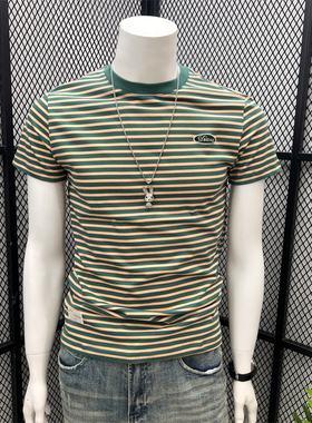 帅气上衣潮绿色条纹短袖男修身2025夏季新款半袖t恤纯棉体恤圆领