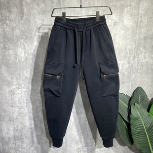 美式工装休闲裤男秋季黑色加厚潮牌宽松百搭拉链松紧束脚哈伦卫裤