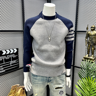 拼色tb毛衣男秋冬季青年潮流男款插肩袖针织衫内搭套头打底毛线衣