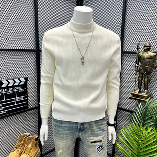 日系简约半高领打底中领坑条针织衫毛衣男士秋冬季修身上衣基础款