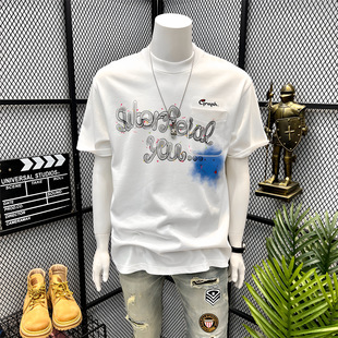 男款2025年新款短袖美式重磅潮牌宽松T恤大码高级感拼接休闲上衣