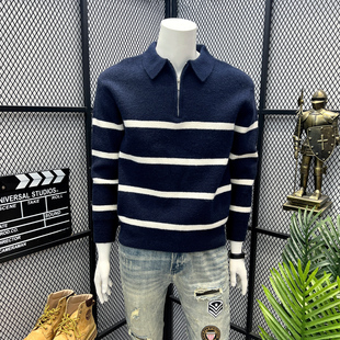 半拉链条纹加厚毛衣男士秋冬2025新款潮流百搭保暖翻领针织衫外套