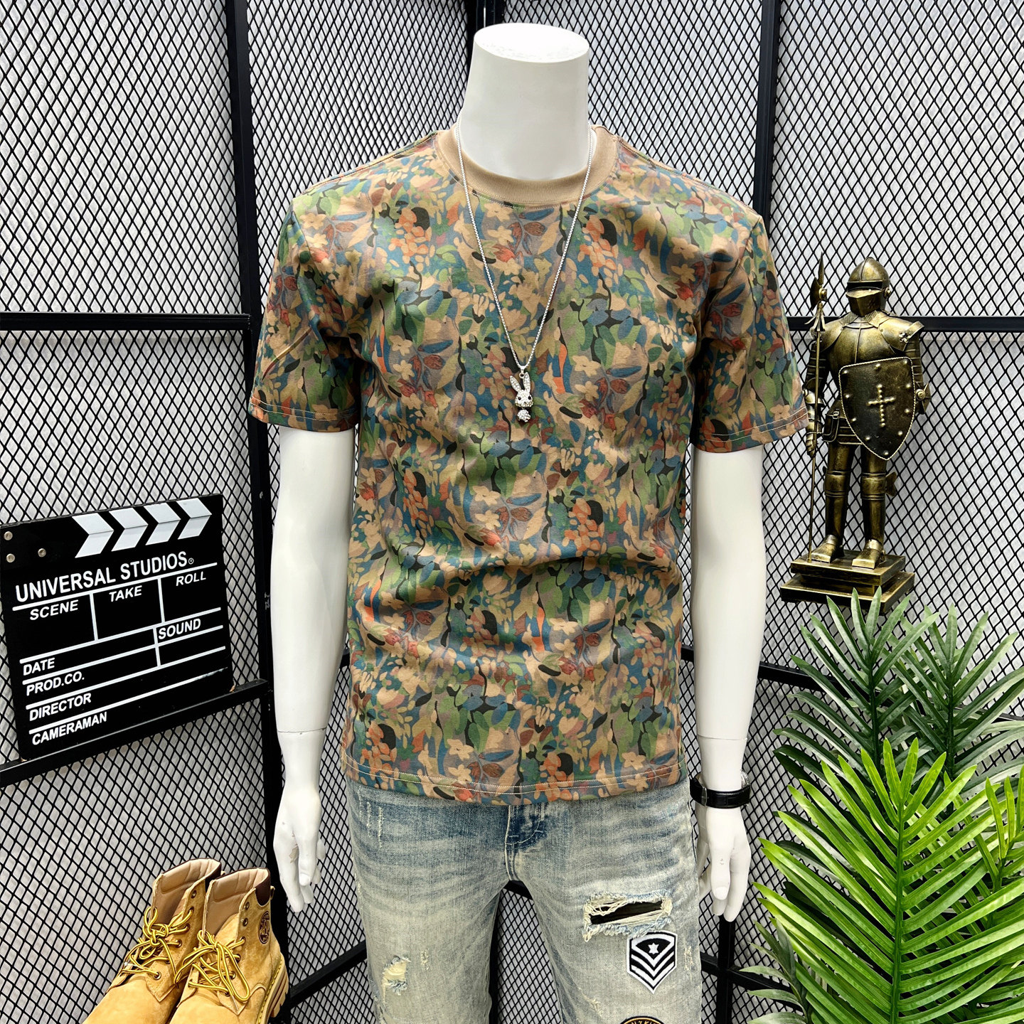 高级感新款潮牌多样植物树叶图案短袖T恤男宽松简约气质圆领上衣