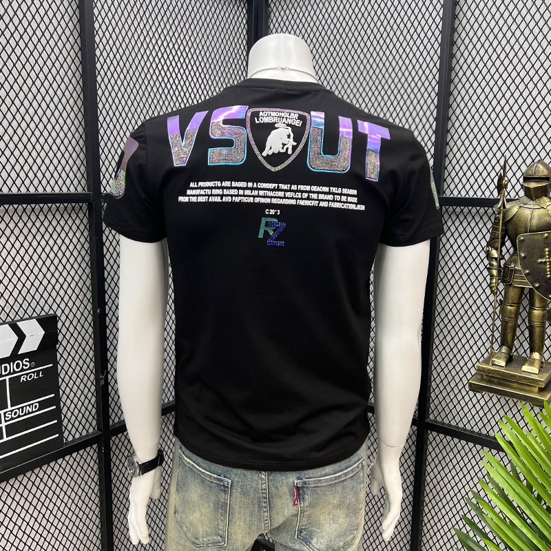 烫钻短袖t恤男圆领溜肩潮牌ins印花夏季欧洲站新款男士体恤上衣潮