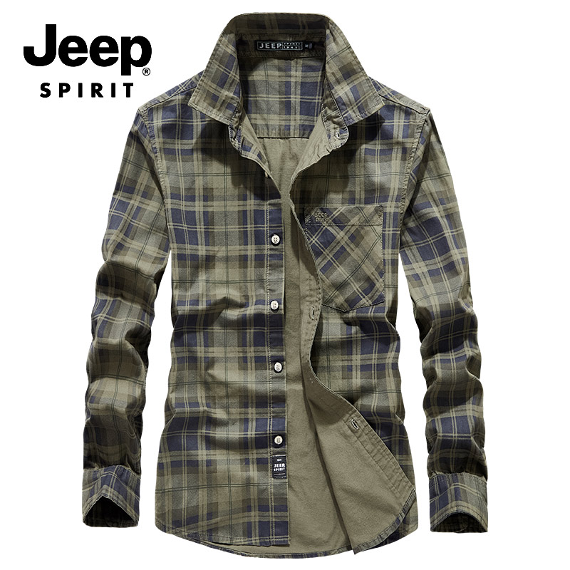 JEEP SPIRIT长袖衬衫春秋新款宽松透气纯棉舒适男装格子衬衣