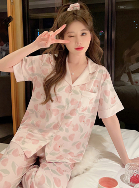 桑蚕丝睡衣女新款夏季薄开衫真丝短袖长裤两件套装夏天网红家居服