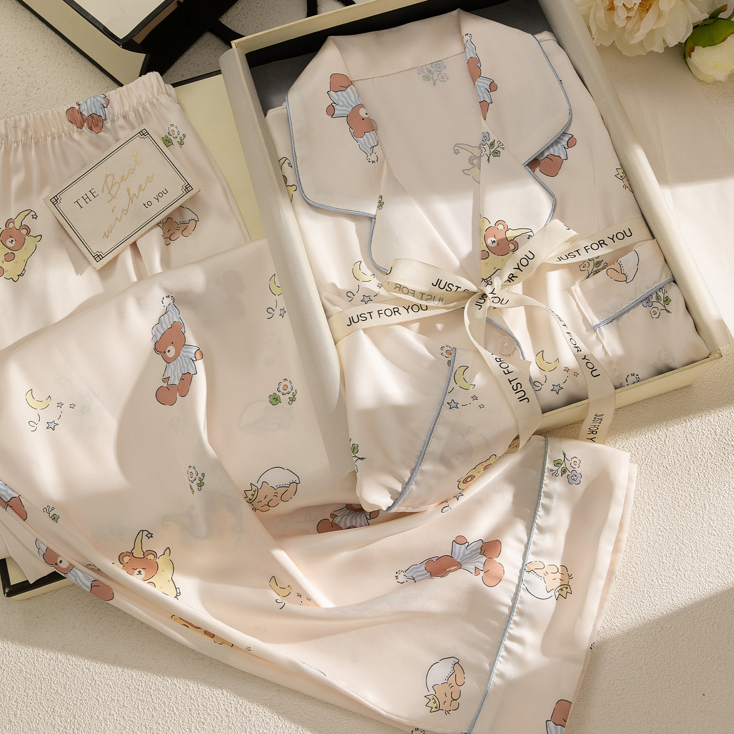 桑蚕丝睡眠小熊睡衣女薄家居服套